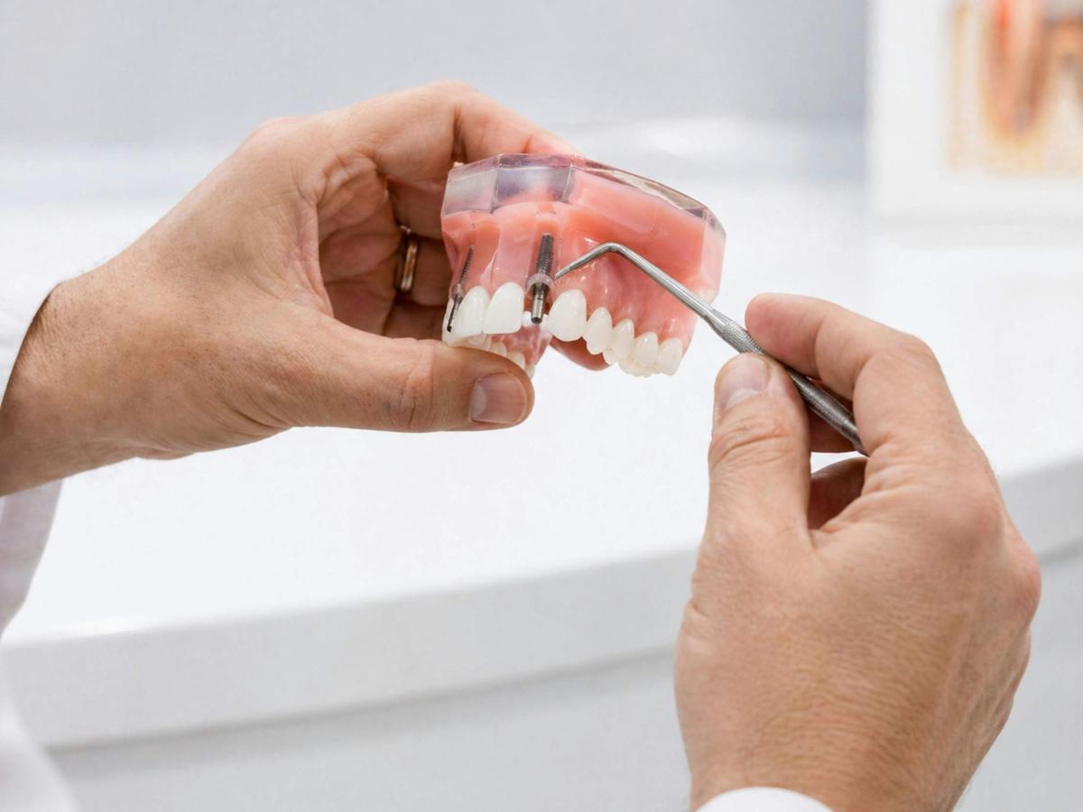 Dentist pointing to an implant on a dental model